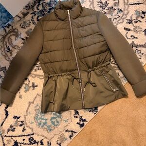 Olive Green mixed-media Puffer Jacket with Drawstring Waist